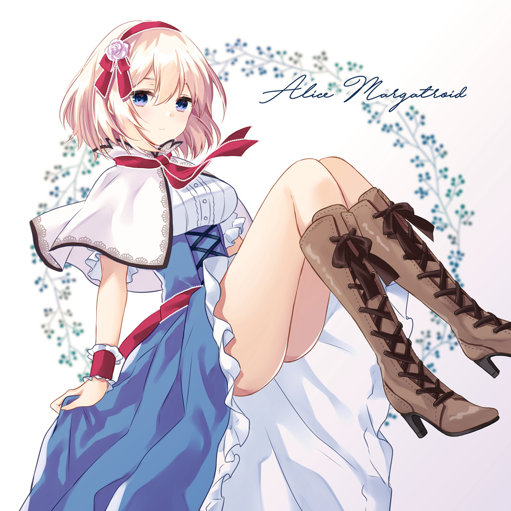 alice_margatroid bangs blonde_hair blue_eyes blue_skirt blush boots breasts brown_background brown_legwear capelet character_name closed_mouth clothes_grab commentary_request cross-laced_footwear eyebrows_visible_through_hair flower frills gradient gradient_background hair_between_eyes hair_flower hair_ornament hairband high-waist_skirt high_heel_boots high_heels knee_boots lace-up_boots medium_breasts purin_jiisan red_hairband red_ribbon ribbon rose shirt short_hair skirt skirt_hold solo touhou white_background white_capelet white_flower white_rose white_shirt wrist_cuffs