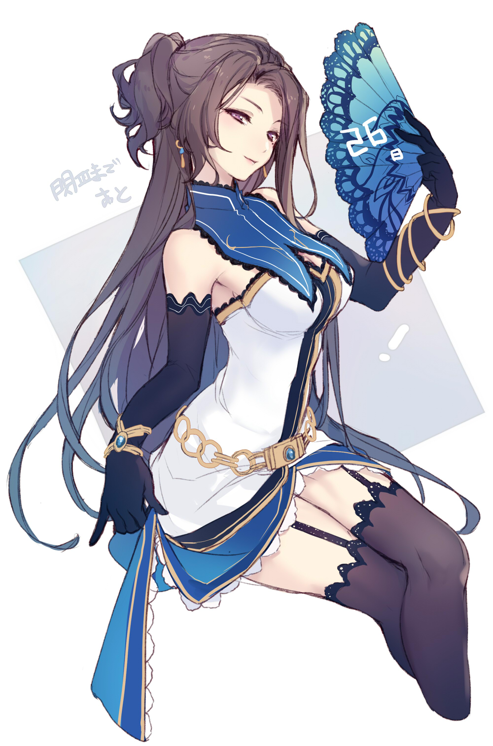 achan_(blue_semi) animal_print asymmetrical_bangs bangs black_gloves black_legwear blue_background bracelet breasts brown_hair butterfly_print cleavage countdown crossed_legs detached_collar dress earrings eiyuu_densetsu elbow_gloves fan folding_fan garter_straps gloves highres invisible_chair jewelry lace lace-trimmed_thighhighs lips long_hair looking_at_viewer medium_breasts mole mole_under_eye purple_eyes sen_no_kiseki short_dress simple_background sitting smile solo thighhighs two-tone_background vita_clotilde white_background