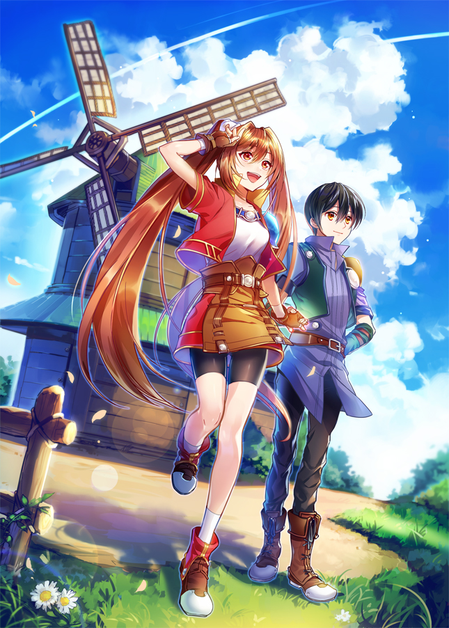 1girl belt bike_shorts black_hair boots breasts brown_hair cloud cloudy_sky collared_shirt cross-laced_footwear day eiyuu_densetsu estelle_bright fence fingerless_gloves flower full_body gloves grass hand_on_hip hasumikaoru holding_hands jacket joshua_astray leather leather_gloves long_hair medium_breasts miniskirt open_mouth orange_eyes pants red_eyes shirt shoes short_hair short_sleeves shorts shorts_under_skirt shoulder_armor skirt sky smile socks sora_no_kiseki standing twintails windmill wooden_fence
