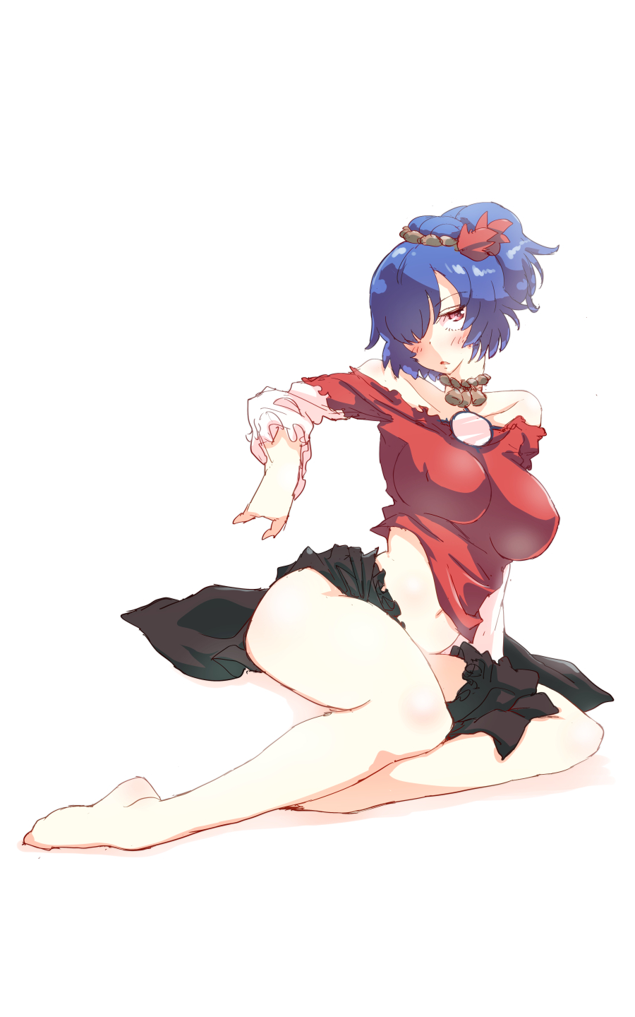 bare_legs bare_shoulders barefoot blue_hair blush breasts covered_nipples hair_ornament hair_over_one_eye highres large_breasts leaf_hair_ornament looking_at_viewer midriff miniskirt mirror navel non_(z-art) off_shoulder open_mouth red_eyes rope shimenawa shirt short_hair short_ponytail simple_background sitting skirt solo touhou white_background yasaka_kanako