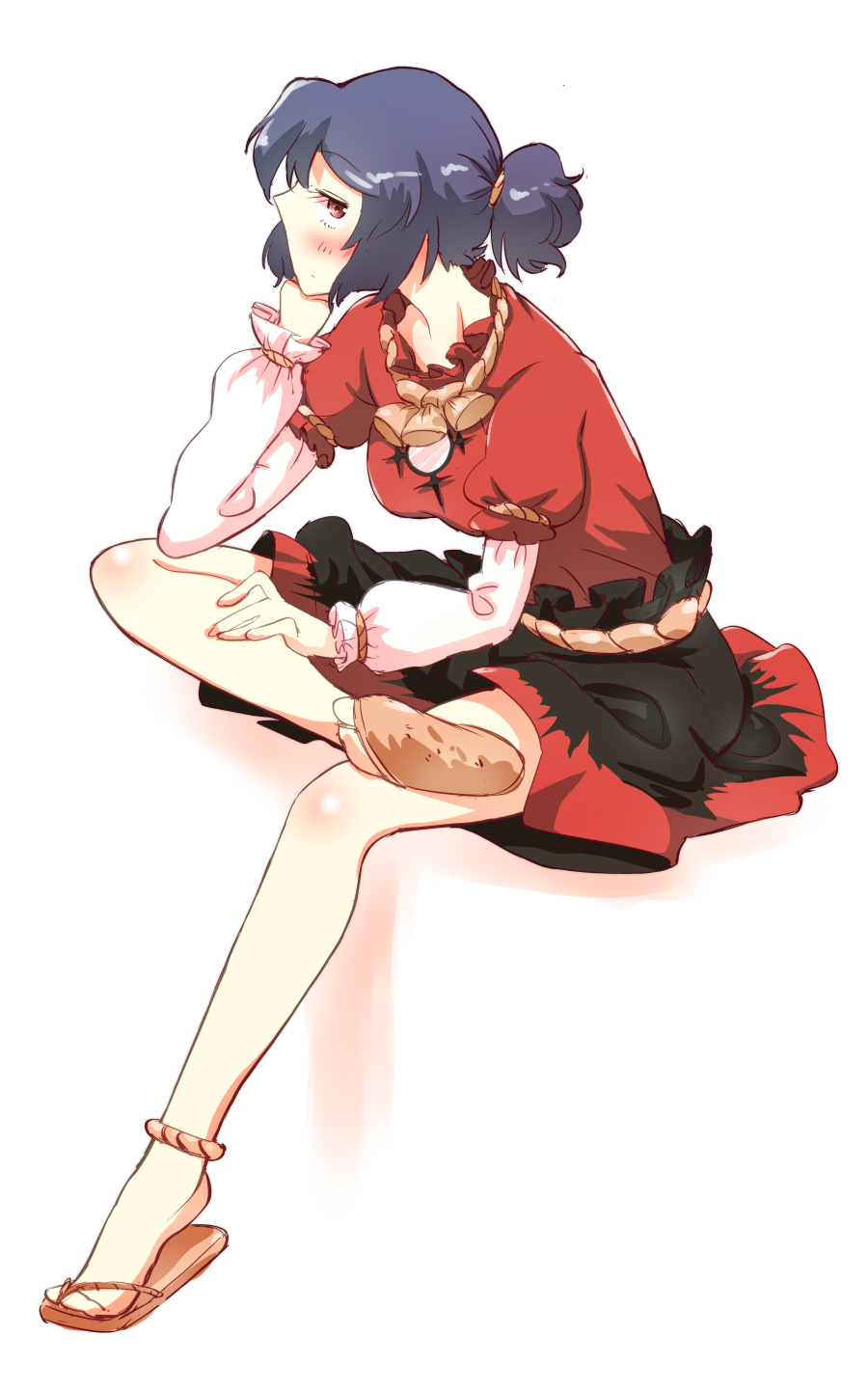 blush breasts chin_rest full_body highres invisible_chair long_sleeves looking_at_viewer looking_to_the_side medium_breasts mirror non_(z-art) purple_hair red_eyes rope sandals shimenawa shirt short_hair short_ponytail simple_background sitting skirt solo touhou white_background yasaka_kanako