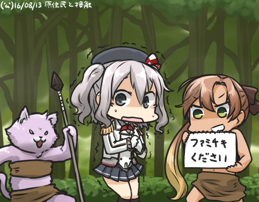 akigumo_(kantai_collection) animalization beret brown_hair cat commentary_request dated epaulettes forest green_eyes grey_eyes grin hair_ribbon hamu_koutarou hat kantai_collection kashima_(kantai_collection) kerchief long_hair multiple_girls nature polearm ponytail ribbon sarong silver_hair sketchbook smile spear tama_(kantai_collection) tearing_up translated trembling very_long_hair wavy_hair weapon