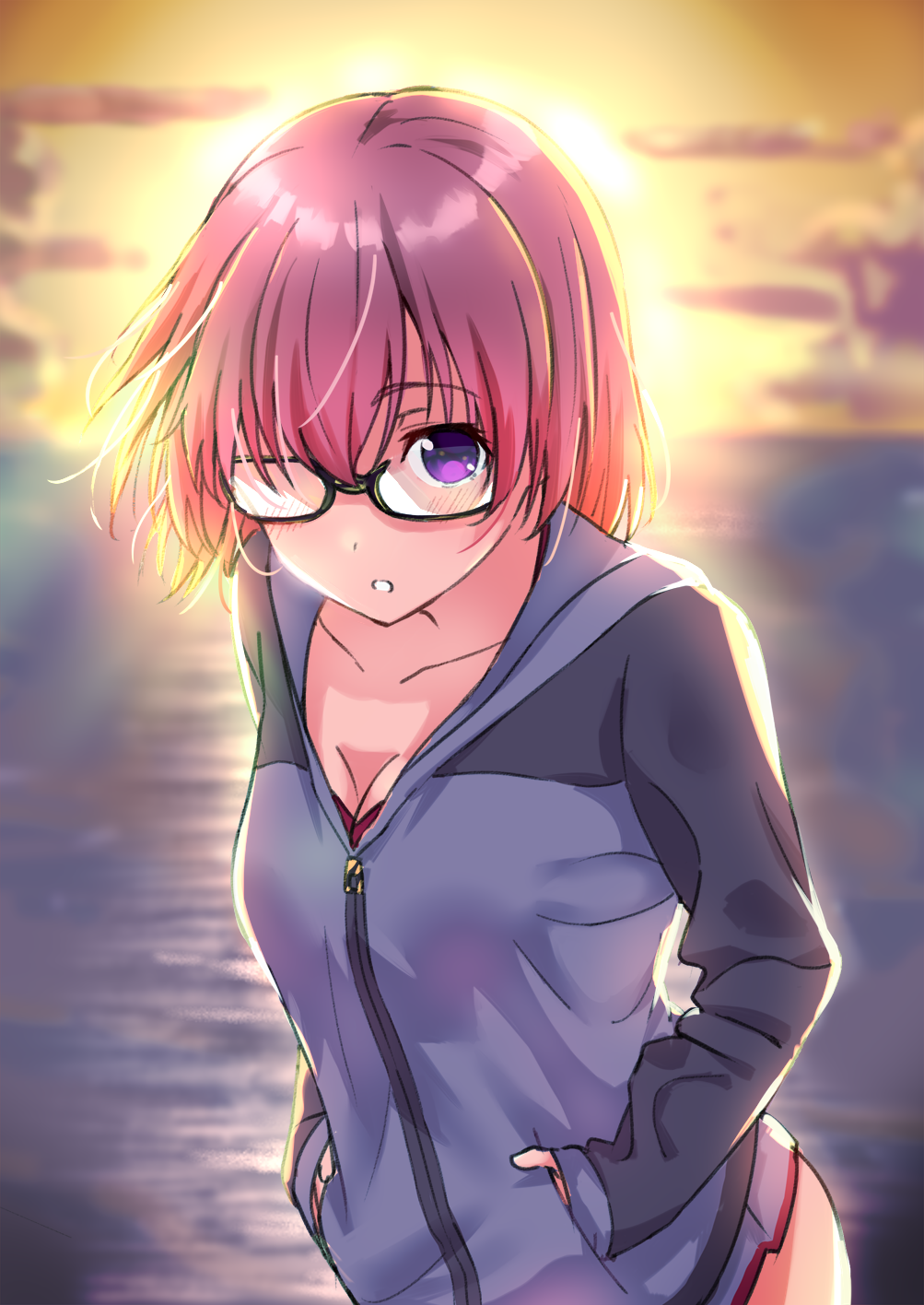 :o bad_id bad_pixiv_id black-framed_eyewear blurry blurry_background blush breasts cleavage cloud collarbone commentary_request depth_of_field fate/grand_order fate_(series) glasses grey_jacket hair_over_one_eye hands_in_pockets highres hood hood_down hooded_jacket horizon jacket leaning_forward looking_at_viewer mash_kyrielight medium_breasts ocean outdoors parted_lips pink_hair purple_eyes semi-rimless_eyewear sky solo standing sunset tsukiman under-rim_eyewear water