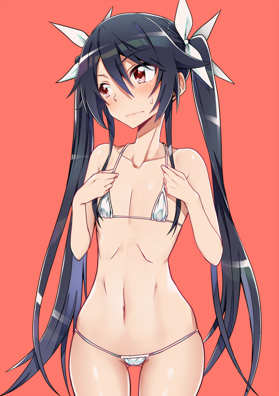 ass_visible_through_thighs bangs bare_arms bare_shoulders bikini black_hair blush closed_mouth collarbone cowboy_shot embarrassed eyebrows_visible_through_hair flat_chest hair_between_eyes hair_ribbon hands_up head_tilt long_hair looking_away looking_to_the_side micro_bikini navel ore_twintail_ni_narimasu red_background red_eyes ribbon shiny shiny_hair shiny_skin sidelocks simple_background solo standing stomach sweatdrop swimsuit tsube_aika twintails very_long_hair white_bikini white_ribbon yuto_(dialique)