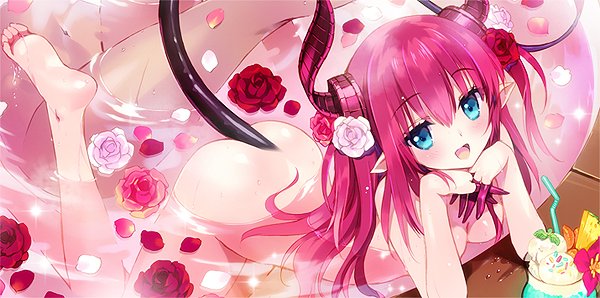 :d ass barefoot bath bendy_straw blue_eyes blush breasts carmilla_(fate/grand_order) carnelian chin_rest commentary_request cropped cup dragon_tail drinking_glass drinking_straw elizabeth_bathory_(fate) elizabeth_bathory_(fate)_(all) fate/extra fate/extra_ccc fate/grand_order fate_(series) feet flower food hair_flower hair_ornament horns ice_cream ice_cream_float interlocked_fingers leg_up long_hair multiple_girls navel nude open_mouth out_of_frame petals petals_on_liquid pointy_ears red_hair rose rose_petals shared_bathing small_breasts smile solo_focus tail two_side_up water