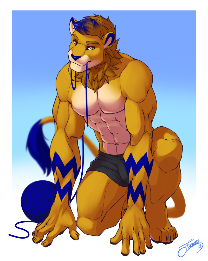2018 5_fingers abs anthro athletic ball_of_yarn biceps blonde_hair blue_background blue_fur blue_hair blue_nose clothed clothing crouching dexterlion eyebrows feline feralise fingerpads fur hair lion looking_aside male mammal markings multicolored_fur multicolored_hair multicolored_skin muscular muscular_male muscular_thighs neck_tuft playful playing simple_background smile solo topless tuft two_tone_fur two_tone_hair two_tone_skin underwear white_fur white_skin yarn yellow_eyes yellow_fur