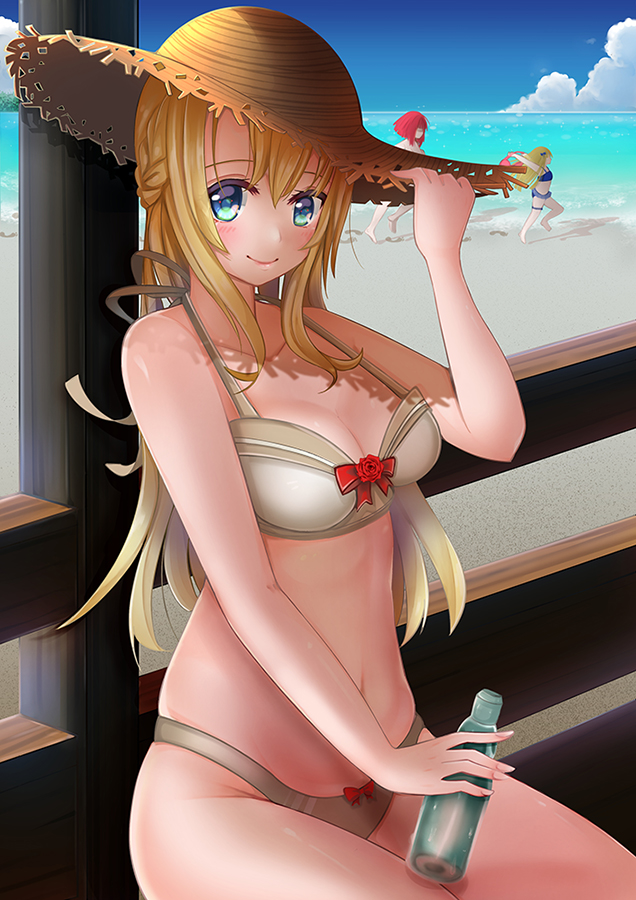 adapted_costume ark_royal_(kantai_collection) beach beige_bikini blonde_hair blue_eyes blue_sky bottle braid breasts chinese_commentary cleavage cloud commentary_request day french_braid hat horizon jervis_(kantai_collection) kantai_collection long_hair looking_at_viewer medium_breasts multiple_girls ramune satsukikyo sitting sky solo_focus straw_hat sun_hat warspite_(kantai_collection)