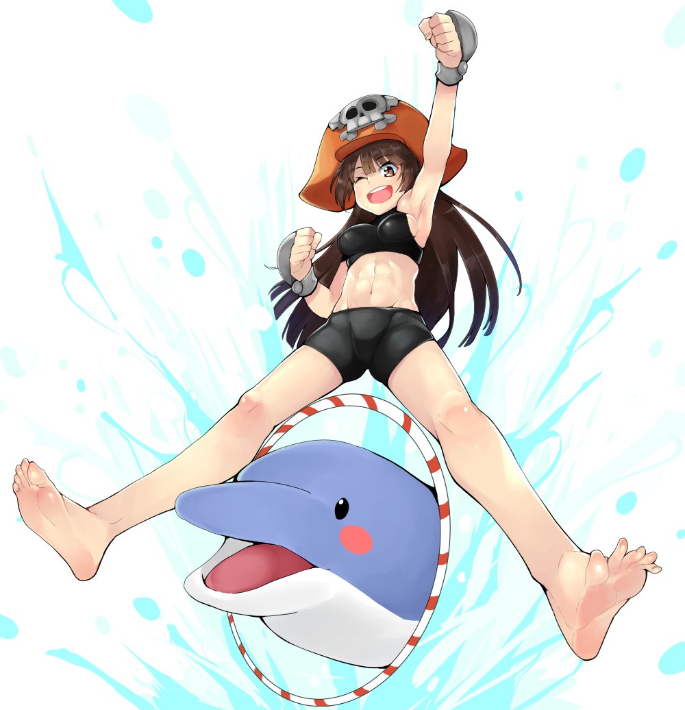 1girl barefoot brown_eyes brown_hair dolphin feet guilty_gear hat long_hair looking_at_viewer may_(guilty_gear) one_eye_closed open_mouth soles toes