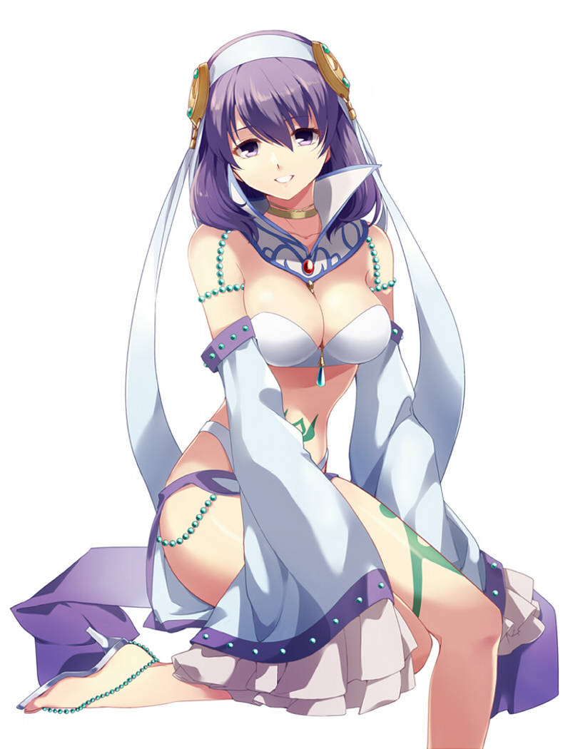 ao_no_kiseki bodypaint breasts choker cleavage dancer detached_collar detached_sleeves eiyuu_densetsu hair_ornament high_heels jewelry medium_breasts pendant purple_eyes purple_hair rixia_mao sash short_hair simple_background sitting smile solo strapless sun_trial tubetop veil white_background wide_sleeves zero_no_kiseki