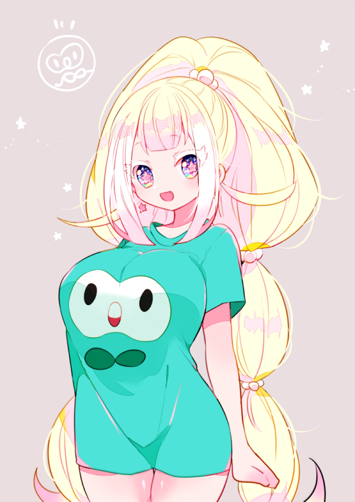 1girl :d arm_at_side bad_hand bangs blonde_hair blue_eyes breasts clenched_hand earrings green_shirt grey_background humanization jewelry large_breasts long_hair looking_at_viewer open_mouth pink_pupils pokemon primarina rowlet shirt sidelocks simple_background smile solo standing t-shirt very_long_hair yuzu_ichika