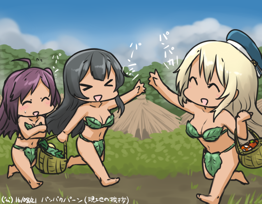 &gt;_&lt; :d ^_^ agano_(kantai_collection) ahoge atago_(kantai_collection) basket beret black_hair blonde_hair blue_sky blush closed_eyes cloud cloudy_sky commentary_request dated day forest hagikaze_(kantai_collection) hamu_koutarou hat kantai_collection leaf_bikini long_hair multiple_girls mushroom nature open_mouth pan-pa-ka-paaan! purple_hair sky smile translated xd