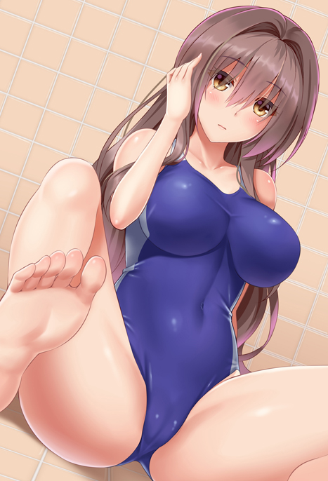 barefoot blue_swimsuit breasts brown_eyes brown_hair cameltoe commentary_request competition_swimsuit feet huyumitsu long_hair looking_at_viewer medium_breasts one-piece_swimsuit original sitting soles solo spread_legs swimsuit tile_wall tiles toes