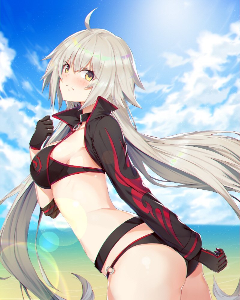 ahoge ass bangs beach bikini black_gloves blush breasts cloud commentary_request cropped_jacket day fate/grand_order fate_(series) gloves hair_between_eyes jacket jeanne_d'arc_(alter_swimsuit_berserker) jeanne_d'arc_(fate)_(all) lens_flare long_hair looking_at_viewer medium_breasts o-ring o-ring_bottom ocean open_clothes open_jacket outdoors shrug_(clothing) silver_hair sky solo soya_(torga) standing swimsuit very_long_hair wind yellow_eyes