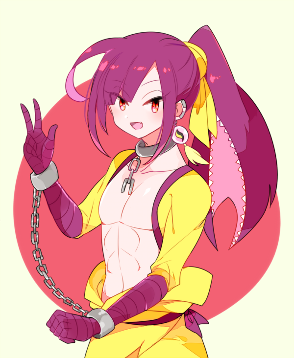 :d abs ahoge bandages bangs broken broken_chain chain collar cuffs earrings gen_3_pokemon hand_up handcuffs jewelry male_focus mawile mega_stone open_mouth parted_bangs personification pokemon ponytail purple_hair red_eyes sidelocks simple_background smile solo standing yuzu_ichika