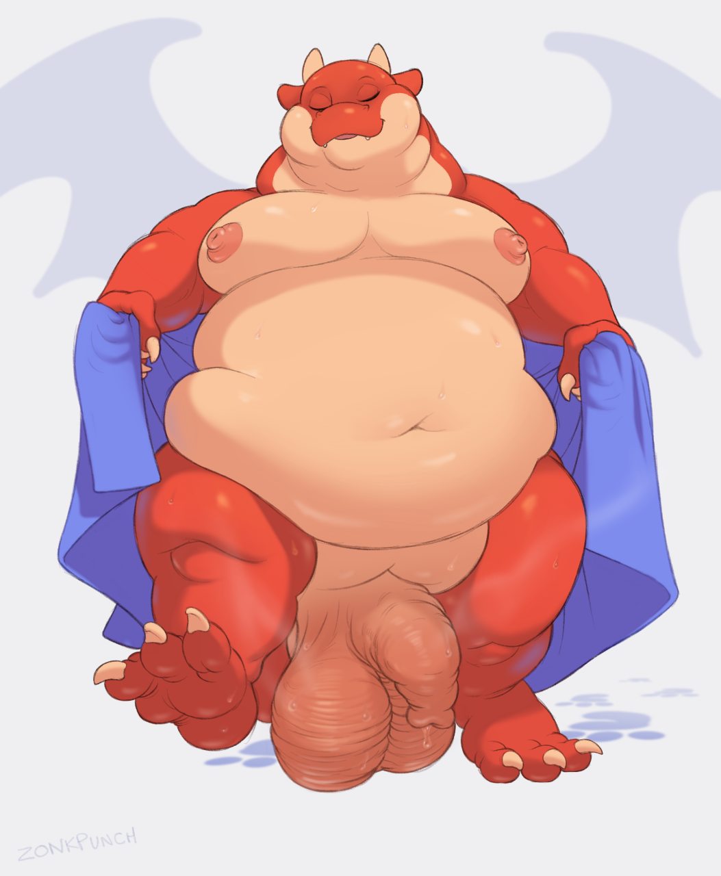 2018 3_toes anthro balls dragon dragonzonk eyes_closed flaccid front_view hi_res horn long_foreskin male navel nipples nude overweight overweight_male penis signature solo standing toes towel uncut zonkpunch