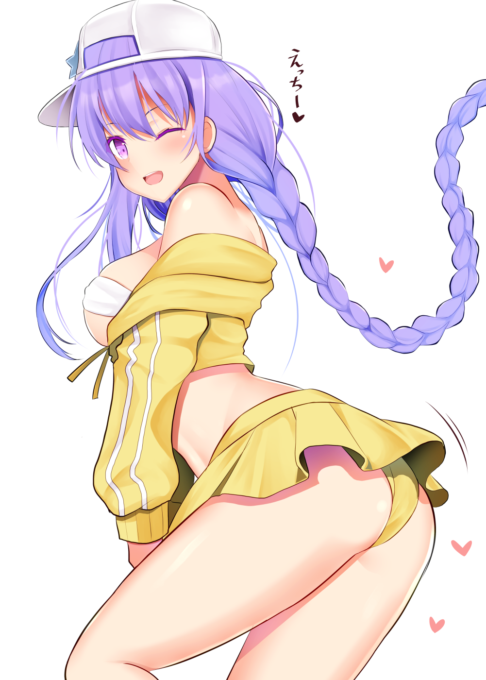;d ass bb_(fate)_(all) bb_(swimsuit_mooncancer)_(fate) braid breasts commentary_request fate/grand_order fate_(series) hat heart highres jacket long_hair long_sleeves looking_at_viewer medium_breasts one_eye_closed open_mouth purple_eyes purple_hair simple_background single_braid smile solo swimsuit takeyuu white_background white_hat yellow_jacket