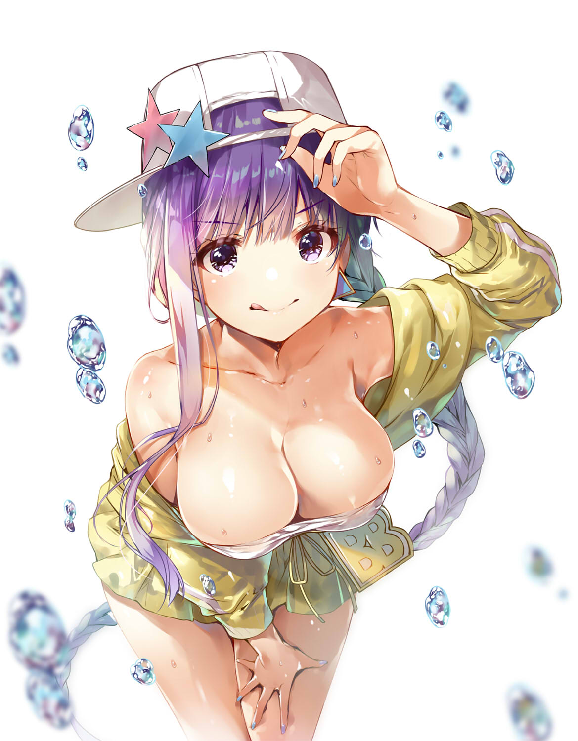 :d bare_shoulders bb_(fate)_(all) bb_(swimsuit_mooncancer)_(fate) braid breasts bursting_breasts cleavage collarbone commentary earrings eyebrows_visible_through_hair fate/grand_order fate_(series) fingernails gradient_hair hand_on_headwear hand_on_hip hanging_breasts hat hat_ornament highres jewelry large_breasts leaning_forward licking_lips long_fingernails long_hair looking_at_viewer miwabe_sakura multicolored_hair nail_polish off_shoulder open_mouth purple_eyes purple_hair simple_background smile solo star tongue tongue_out very_long_hair water_drop white_background
