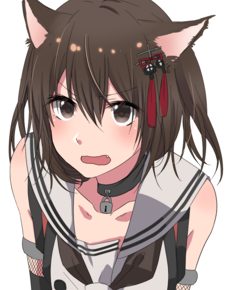alternate_costume animal_ears bare_shoulders black_choker blush brown_eyes brown_hair cat_ears choker detached_sleeves enmaided fang grey_sailor_collar hair_between_eyes hair_ornament kantai_collection kemonomimi_mode looking_at_viewer maid open_mouth padlocked_collar remodel_(kantai_collection) rinto_(rint_rnt) sailor_collar sendai_(kantai_collection) short_hair simple_background solo tassel two_side_up upper_body white_background