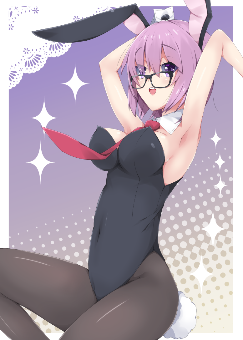 :d animal_ears armpits arms_up bangs bare_shoulders between_breasts black-framed_eyewear black_leotard blush breasts brown_legwear bunny_ears bunny_girl bunny_tail bunnysuit commentary covered_navel detached_collar eyebrows_visible_through_hair eyes_visible_through_hair fate/grand_order fate_(series) glasses hair_between_eyes hair_over_one_eye halftone halftone_background large_breasts leotard mash_kyrielight milkpanda necktie necktie_between_breasts open_mouth pantyhose purple_eyes purple_hair red_neckwear smile solo sparkle strapless strapless_leotard tail upper_teeth white_collar wrist_cuffs