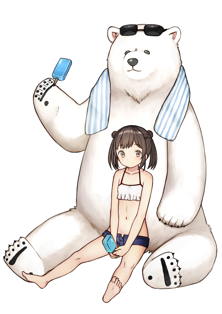 animal bangs bare_arms bare_legs bare_shoulders barefoot bear blue_shorts blush brown_eyes brown_hair closed_mouth collarbone commentary_request crop_top double_bun eyebrows_visible_through_hair eyewear_on_head food holding holding_food kurata_rine looking_at_viewer navel original polar_bear popsicle short_hair short_shorts shorts side_bun sidelocks simple_background sitting soles solo striped striped_towel sunglasses towel towel_around_neck twintails white_background white_camisole