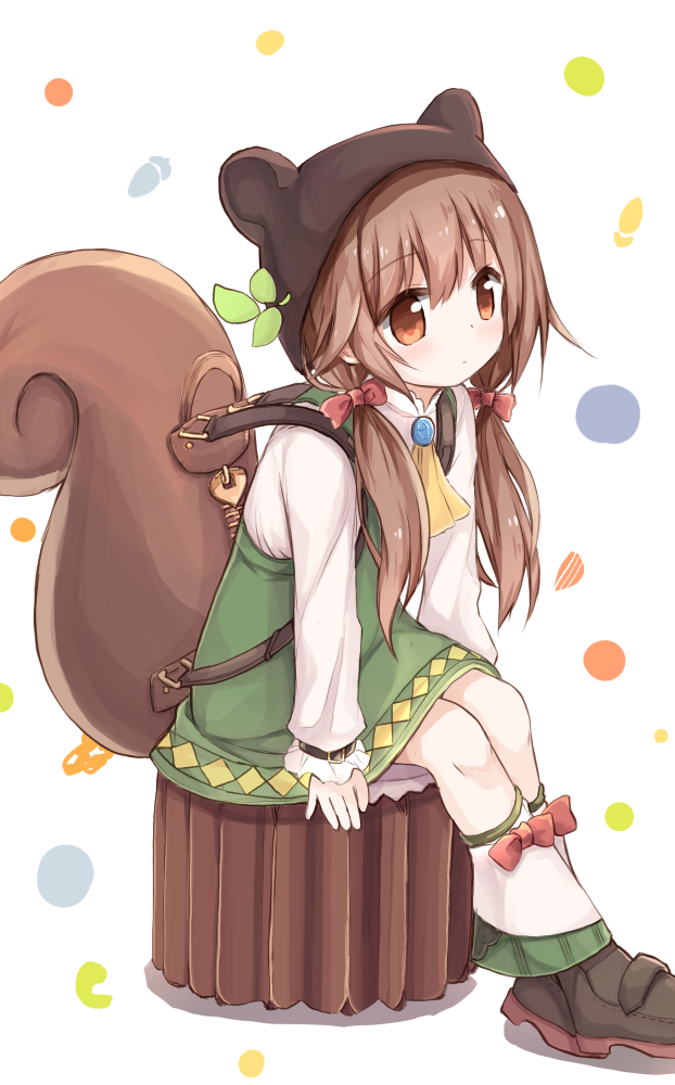 animal_ears animal_hat backpack bag bangs black_footwear blush boots bow brown_eyes brown_hair closed_mouth dress eyebrows_visible_through_hair green_dress hair_between_eyes hair_bow hat long_hair long_sleeves low_twintails original red_bow shirt sitting sleeveless sleeveless_dress sleeves_past_wrists solo squirrel_ears squirrel_tail tail twintails very_long_hair white_shirt yuuhagi_(amaretto-no-natsu)