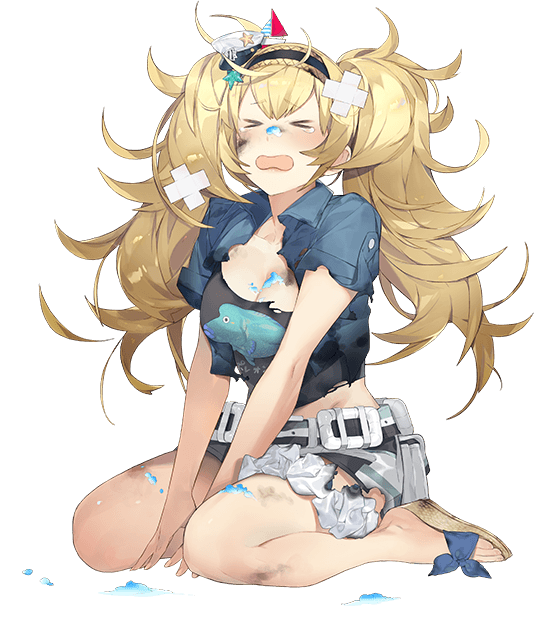 &gt;_&lt; akira_(kadokawa) bandages belt blonde_hair blue_eyes blue_shirt breast_pocket breasts buttons cleavage collarbone collared_shirt crying fish full_body gambier_bay_(kantai_collection) hair_between_eyes hairband kantai_collection large_breasts official_art open_mouth pocket sandals shirt short_sleeves shorts tears torn_clothes transparent_background twintails
