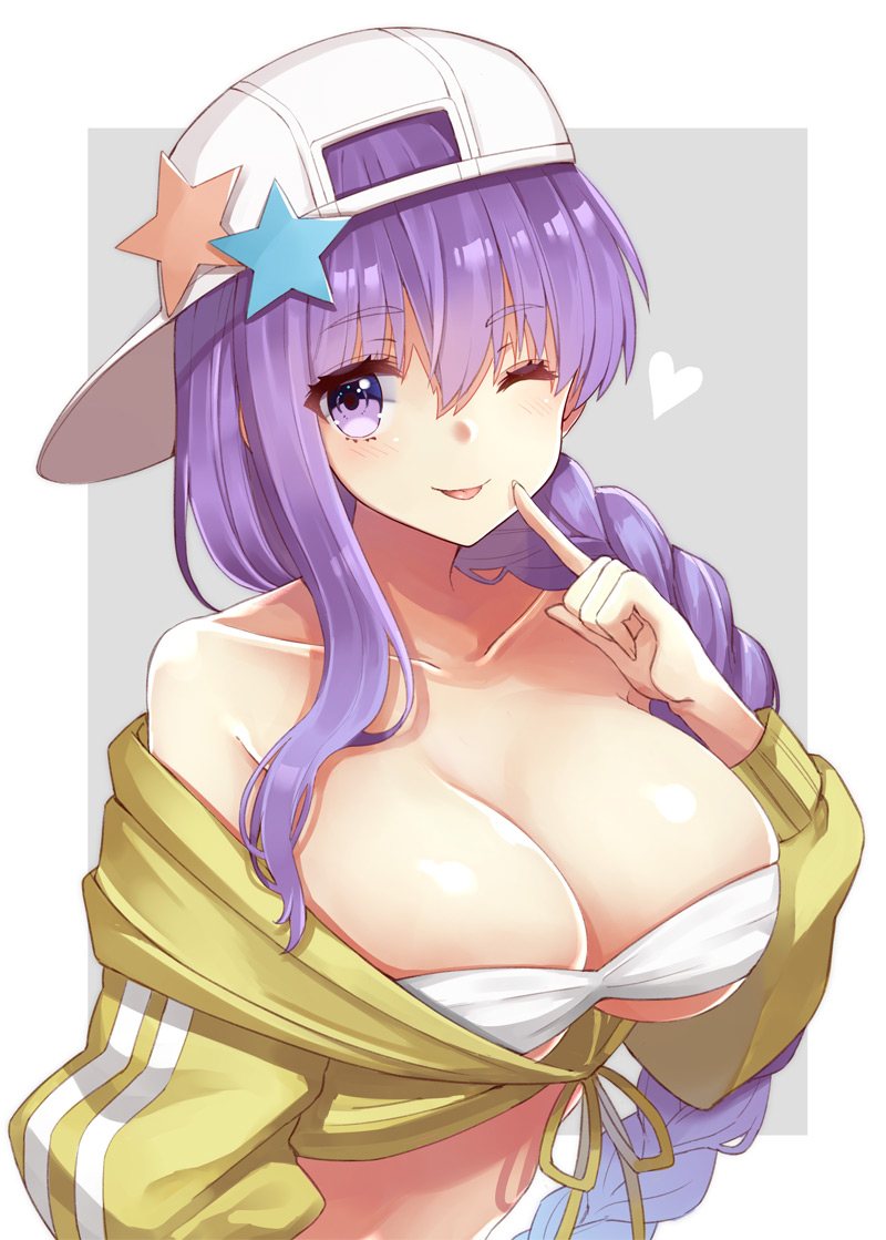 ;p bb_(fate)_(all) bb_(swimsuit_mooncancer)_(fate) blush braid breasts cleavage collarbone commentary_request eyebrows_visible_through_hair fate/grand_order fate_(series) hair_between_eyes hat heart index_finger_raised large_breasts long_hair looking_at_viewer one_eye_closed purple_hair single_braid solo star tongue tongue_out upper_body white_hat yuzu-aki