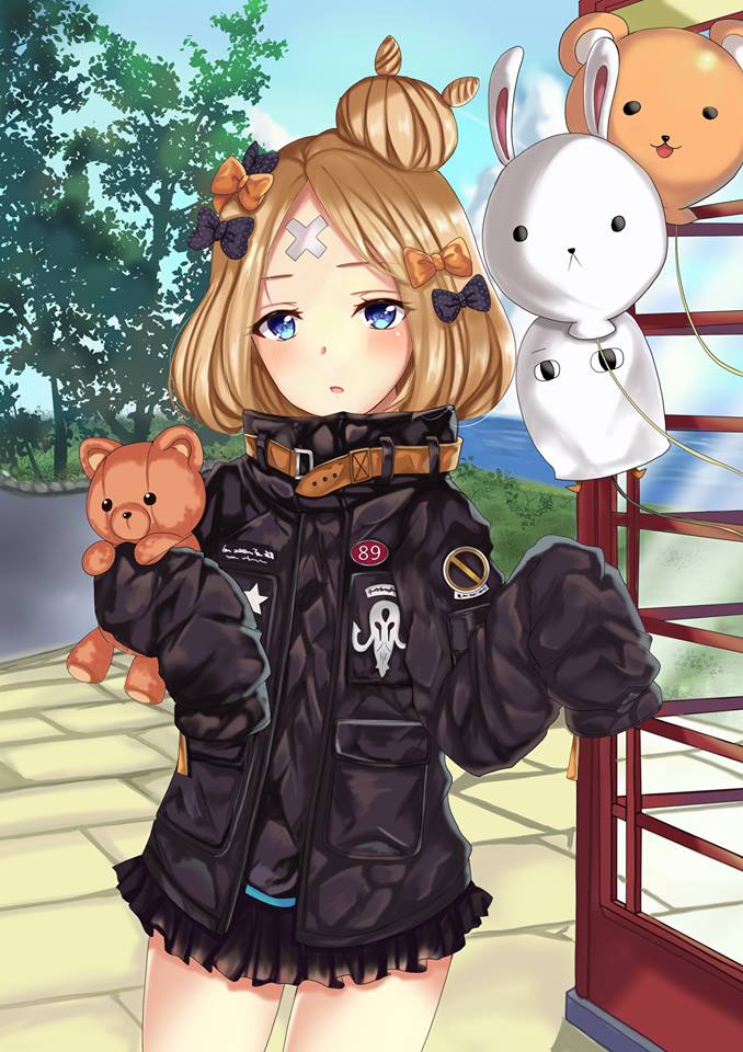 abigail_williams_(fate/grand_order) balloon bangs black_bow black_jacket blonde_hair blue_eyes blue_sky blush bow cloud commentary_request day fate/grand_order fate_(series) hair_bow hair_bun hands_up head_tilt heroic_spirit_traveling_outfit horizon jacket long_hair long_sleeves looking_at_viewer medjed object_hug ocean orange_bow outdoors parted_bangs parted_lips phone_booth polka_dot polka_dot_bow sky sleeves_past_fingers sleeves_past_wrists solo standing star stuffed_animal stuffed_toy teddy_bear tree water wu_ji_miao