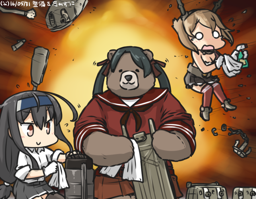 animalization bear black_hair black_legwear bottle brown_eyes brown_hair cannon cleaning commentary_request dated explosion flying_sweatdrops gloves hair_ribbon hamu_koutarou hatsushimo_(kantai_collection) headband headgear kantai_collection long_hair low-tied_long_hair machinery midriff mikuma_(kantai_collection) miniskirt multiple_girls mutsu_(kantai_collection) neckerchief open_mouth pleated_skirt radio_antenna red_legwear remodel_(kantai_collection) ribbon school_uniform serafuku short_hair skirt smile solid_circle_eyes spray_bottle towel twintails white_gloves wiping