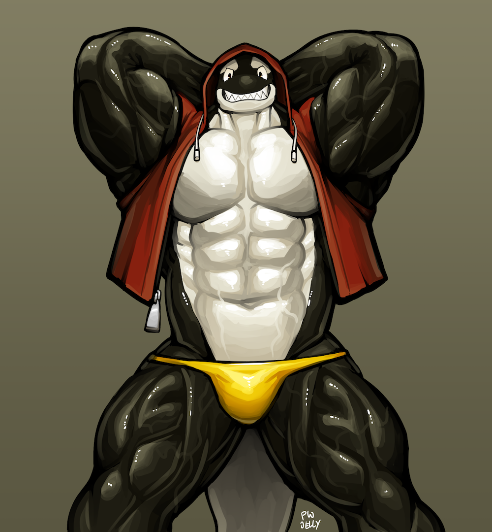 abs anthro big_muscles black_skin cetacean clothing grin hands_behind_head hoodie huge_muscles looking_at_viewer male mammal marine muscular muscular_male muscular_thighs orca pecs plain_white simple_background smile solo swimsuit teeth vein whale white_skin
