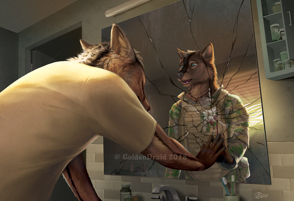 2018 5_fingers anthro black_nose blood blue_eyes brown_fur brown_nose canine clothed clothing detailed_background digital_media_(artwork) fur goldendruid male mammal open_mouth reflection solo teeth tongue wolf
