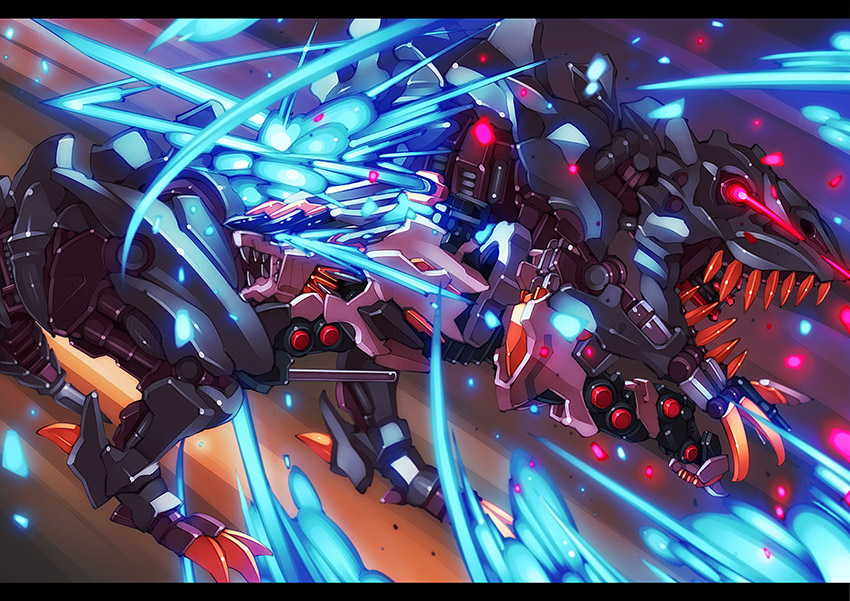 battle bio_tyranno blade blue_eyes charging claws commentary_request cutting damaged destruction fangs g.haruka glowing glowing_eyes glowing_weapon mecha mugen_liger no_humans red_eyes slashing weapon zoids zoids_genesis