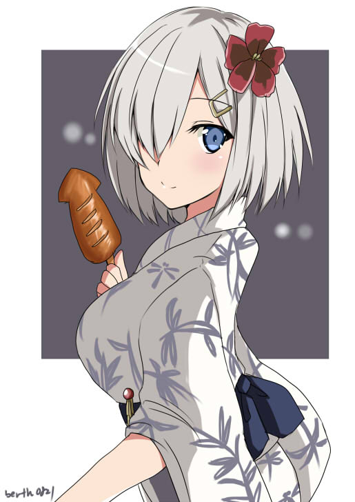 blue_eyes blush breasts closed_mouth commentary_request eyebrows_visible_through_hair flower grey_hair hair_flower hair_ornament hair_over_one_eye hairclip hamakaze_(kantai_collection) hinase_(jet_hearts) ikayaki japanese_clothes kantai_collection kimono large_breasts looking_at_viewer obi sash short_hair simple_background smile solo squid white_background yukata