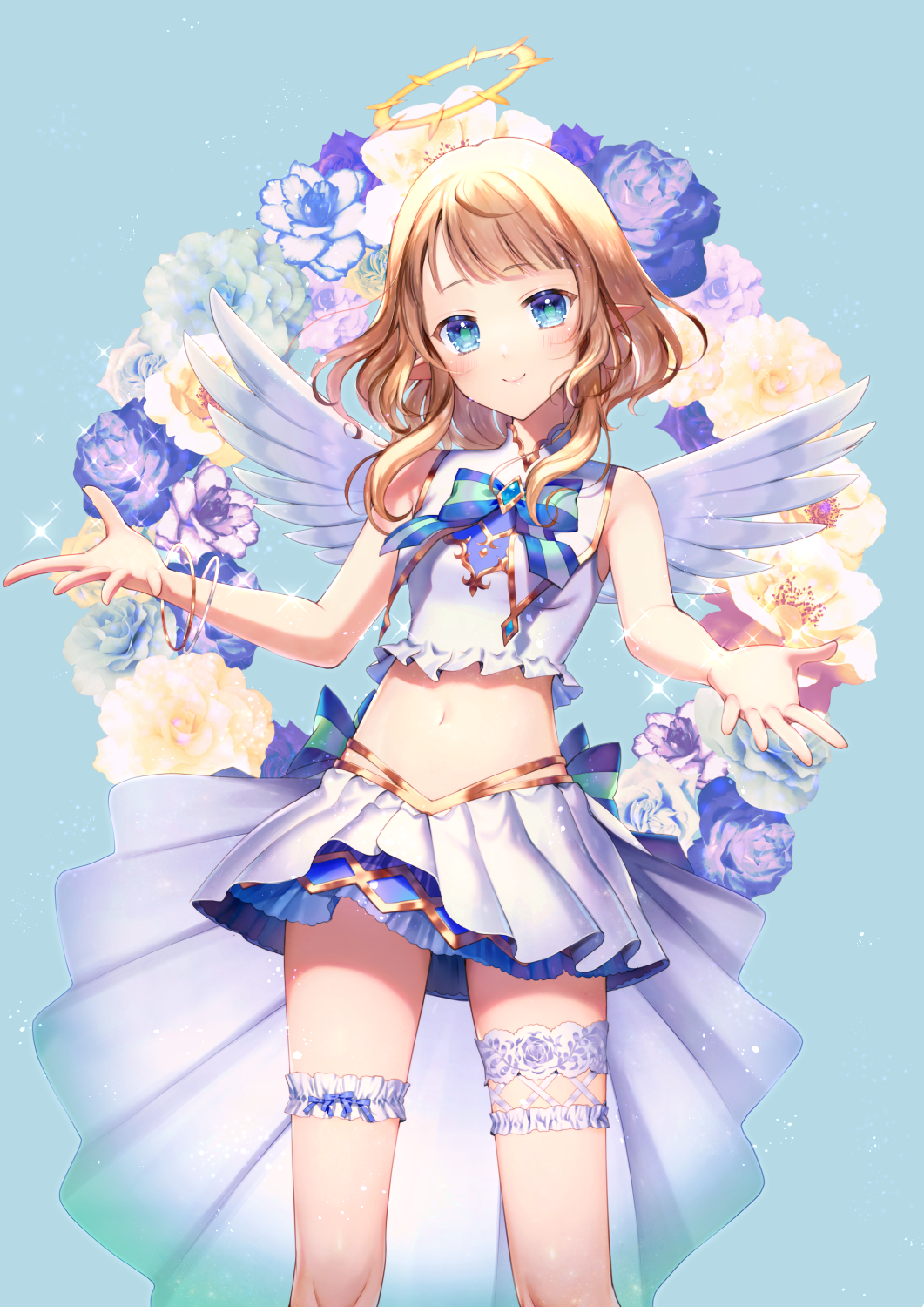angel angel_wings bangs bare_arms bare_shoulders blue_background blue_eyes blue_flower blue_rose blush bow closed_mouth commentary_request crop_top eyebrows_visible_through_hair feathered_wings flower halo head_tilt highres leg_garter light_brown_hair long_hair midriff momoshiki_tsubaki navel pleated_skirt purple_flower rose shiotenshi_channel shiotenshi_riel shirt skirt sleeveless sleeveless_shirt smile solo striped striped_bow virtual_youtuber white_flower white_shirt white_skirt white_wings wings