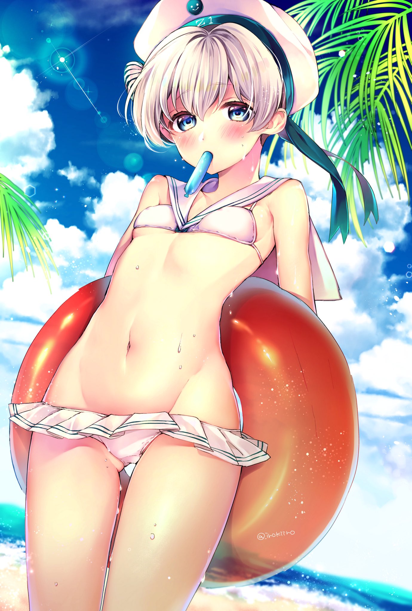 ass ass_visible_through_thighs bangs beach bikini blue_eyes blue_sky blush breasts clothes_writing cloud commentary_request covered_nipples day eyebrows_visible_through_hair groin hair_between_eyes hair_ornament hair_ribbon hat highres innertube irokiiro kantai_collection looking_at_viewer microskirt navel ocean open_mouth outdoors ribbon sailor_bikini sailor_collar sailor_hat short_hair silver_hair skirt sky small_breasts solo standing string_bikini swimsuit thighs tree tupet water wet white_bikini white_hat z1_leberecht_maass_(kantai_collection)