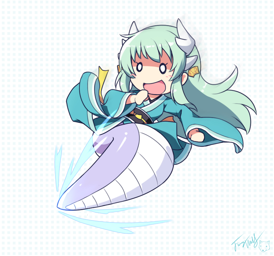 :d blue_kimono blush commentary dragon_horns drop_kick english_commentary fate/grand_order fate_(series) flying_kick full_body green_hair hair_ornament horns japanese_clothes jashin-chan_dropkick kicking kimono kiyohime_(fate/grand_order) lamia langbazi long_hair long_sleeves monster_girl o_o obi open_mouth sash signature smile solo very_long_hair white_background wide_sleeves