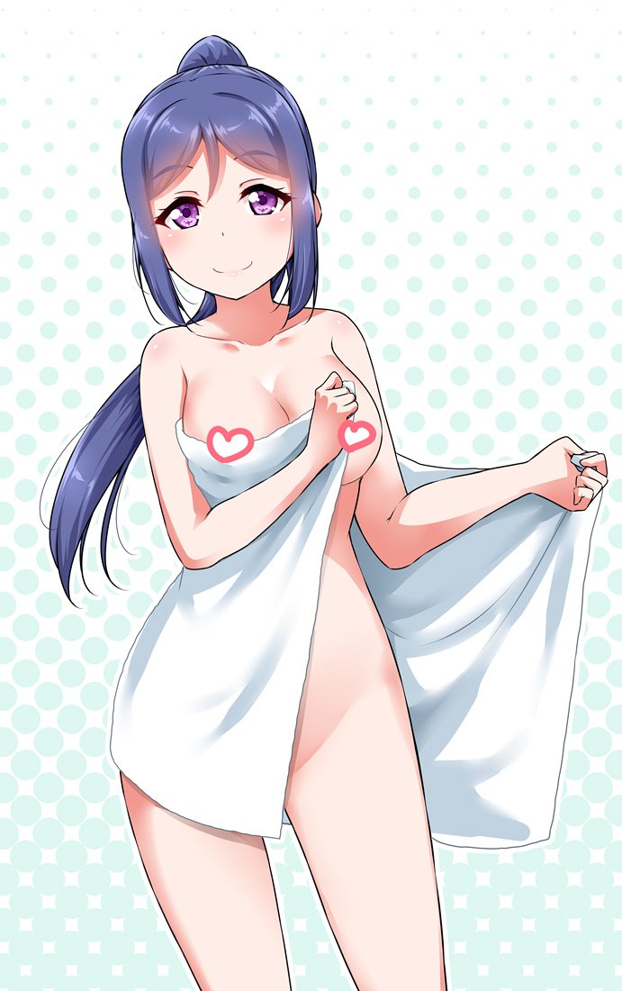 blue_hair blush breasts censored cleavage collarbone commentary_request eyebrows_visible_through_hair groin halftone halftone_background heart heart_censor holding holding_towel long_ponytail looking_at_viewer love_live! love_live!_sunshine!! matsuura_kanan medium_breasts naked_towel ponytail purple_eyes sidelocks solo towel yopparai_oni