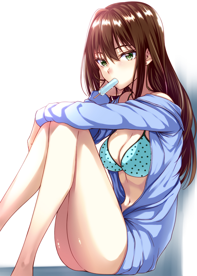bangs bikini blue_bikini blue_jacket breasts brown_hair cleavage collarbone commentary_request eating food green_eyes hand_in_hair idolmaster idolmaster_cinderella_girls jacket knees_up legs long_hair long_legs looking_at_viewer medium_breasts mouth_hold navel off_shoulder open_clothes open_jacket polka_dot polka_dot_bikini popsicle shibuya_rin simon_(n.s_craft) simple_background sitting solo swimsuit thighs white_background