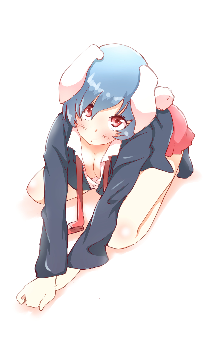 all_fours animal_ears blazer blue_hair blush breasts bunny_ears bunny_tail cleavage collared_shirt full_body highres jacket long_sleeves looking_at_viewer medium_breasts miniskirt non_(z-art) red_eyes reisen shirt shoes short_hair simple_background skirt solo tail touhou undone_necktie white_background