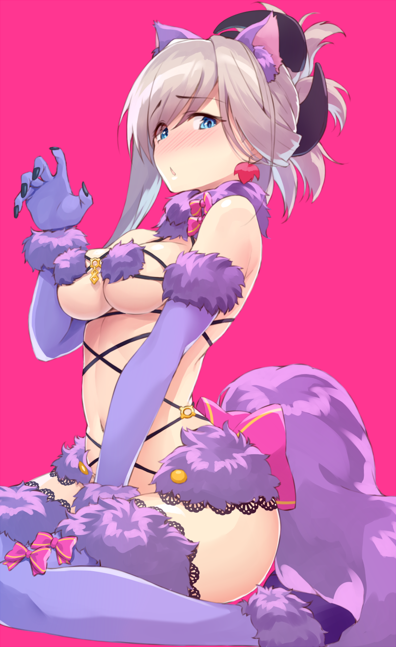 animal_ear_fluff animal_ears asymmetrical_hair blue_eyes breasts chestnut_mouth claw_pose commentary_request cosplay craft_essence dangerous_beast elbow_gloves embarrassed eyebrows_visible_through_hair eyes_visible_through_hair fate/grand_order fate_(series) from_side fur-trimmed_gloves fur-trimmed_legwear fur_collar fur_trim gloves hair_over_one_eye halloween_costume highres large_breasts looking_at_viewer miyamoto_musashi_(fate/grand_order) navel o-ring o-ring_top pink_background pink_hair ponytail purple_gloves purple_legwear revealing_clothes shunichi simple_background sitting solo tail underboob wolf_ears wolf_tail