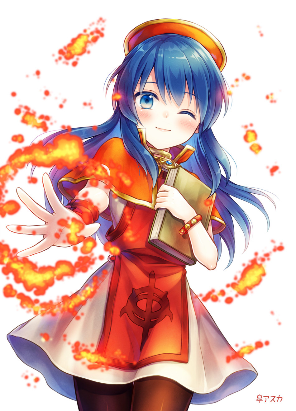 blue_eyes blue_hair book bracelet cannan closed_mouth commentary_request dress fire fire_emblem fire_emblem:_fuuin_no_tsurugi hat highres holding holding_book jewelry lilina long_hair one_eye_closed red_hat simple_background solo white_background
