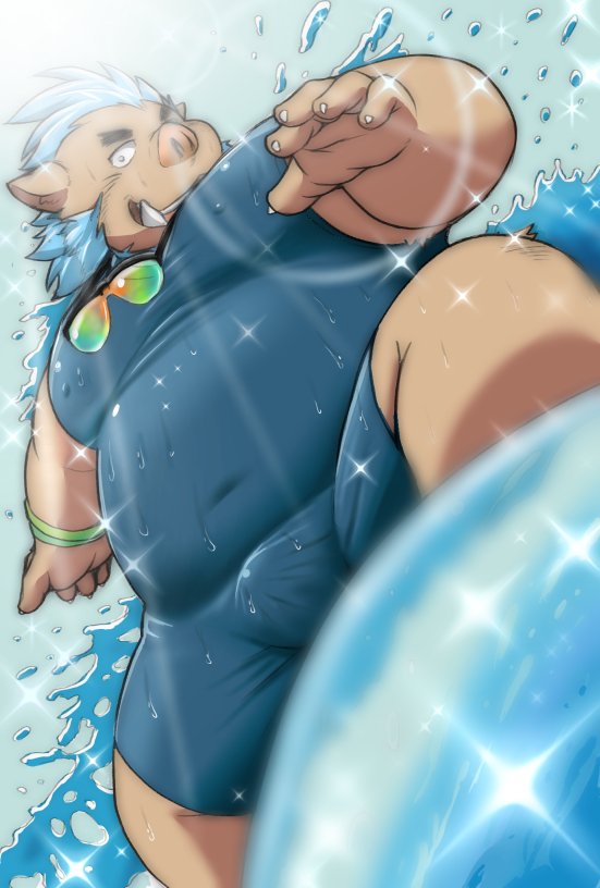 belly blue_hair boar bulge clothing eyewear futokage glistening gouryou hair male mammal mohawk navel porcine slightly_chubby sunglasses surfing tight_clothing tokyo_afterschool_summoners tusks water wetsuit