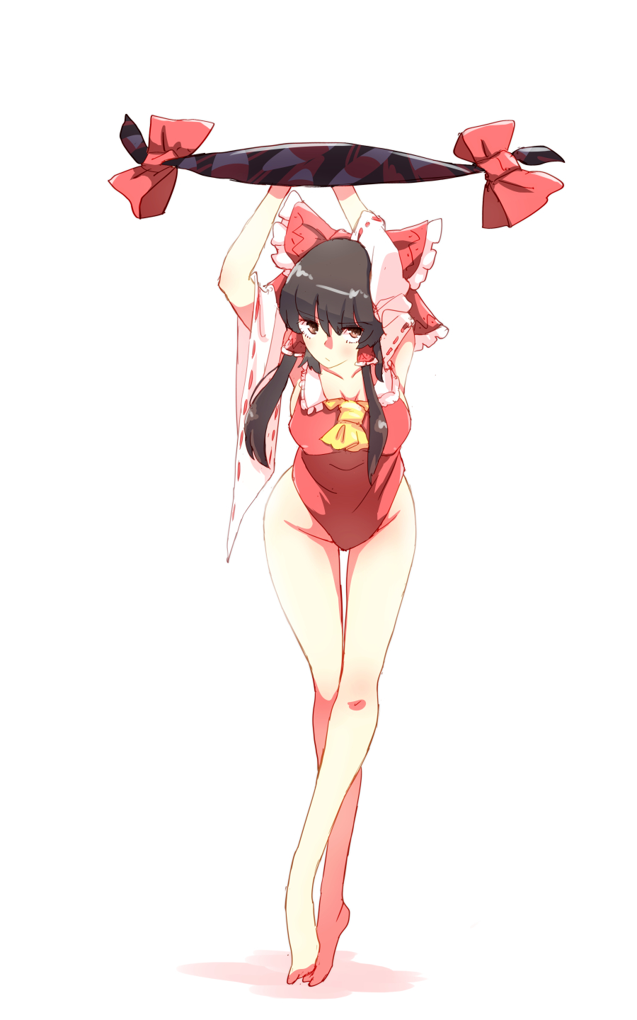 arms_up barefoot black_hair bottomless bow breasts brown_eyes cleavage collarbone detached_sleeves expressionless full_body gap hair_bow hair_tubes hakurei_reimu highres long_hair looking_at_viewer medium_breasts no_panties no_pants non_(z-art) nontraditional_miko restrained sidelocks simple_background solo standing touhou white_background wide_sleeves
