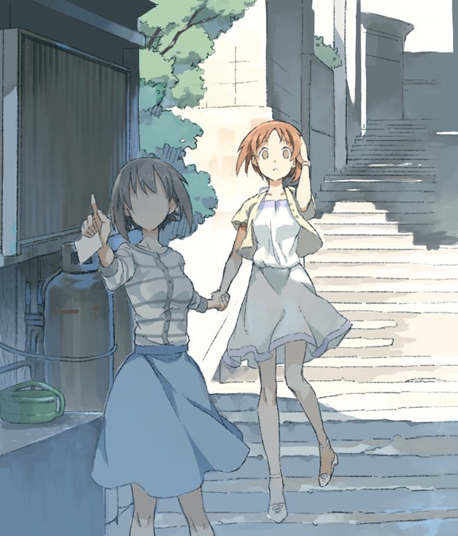 bangs blue_skirt building casual commentary_request cosmic_(crownclowncosmic) day faceless faceless_female girls_und_panzer grey_shirt hand_on_head high_heels holding holding_hands jacket long_sleeves looking_at_viewer medium_skirt multiple_girls nishizumi_maho nishizumi_miho open_mouth outdoors pointing shadow shirt short_hair siblings sisters skirt stairs standing striped striped_shirt tree white_footwear white_shirt white_skirt wristband yellow_jacket