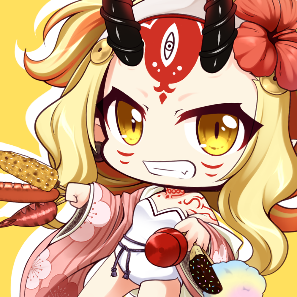 bangs bare_shoulders blonde_hair brown_eyes candy_apple chibi chocolate_banana corn cotton_candy dutch_angle facial_mark fang fate/grand_order fate_(series) floral_print flower food forehead_mark grin hair_flower hair_ornament holding holding_food horns ibaraki_douji_(fate/grand_order) ibaraki_douji_(swimsuit_lancer)_(fate) japanese_clothes kimono long_hair long_sleeves looking_at_viewer md5_mismatch oni oni_horns open_clothes open_kimono parted_bangs pink_kimono print_kimono red_flower sausage shachoo. shadow smile solo strapless strapless_swimsuit swimsuit very_long_hair white_swimsuit wide_sleeves yellow_background