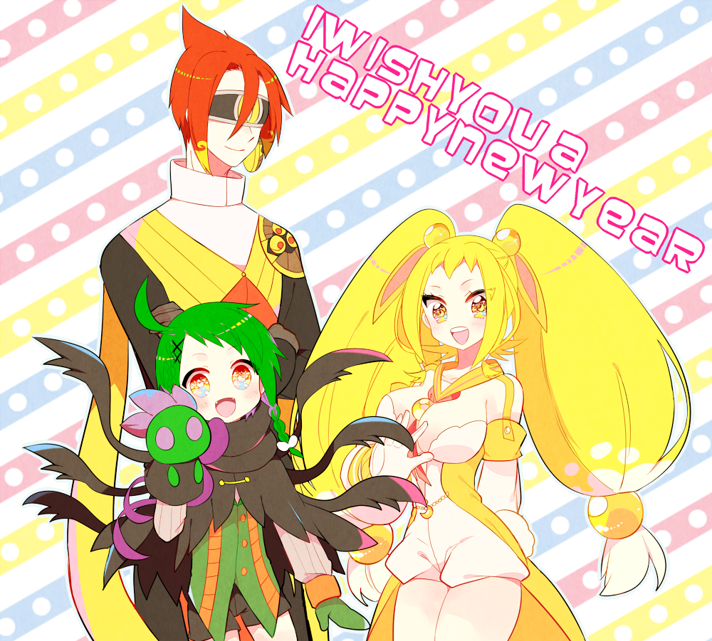 2boys :d ahoge alternate_color azumarill black_cape black_shorts blonde_hair blush breasts cape cleavage detached_sleeves english gloves green_gloves green_hair green_vest hand_puppet happy_new_year medium_breasts multiple_boys new_year open_mouth personification pokemon puppet red_eyes red_hair short_shorts shorts smile standing striped striped_background vest white_gloves yellow_eyes yuzu_ichika