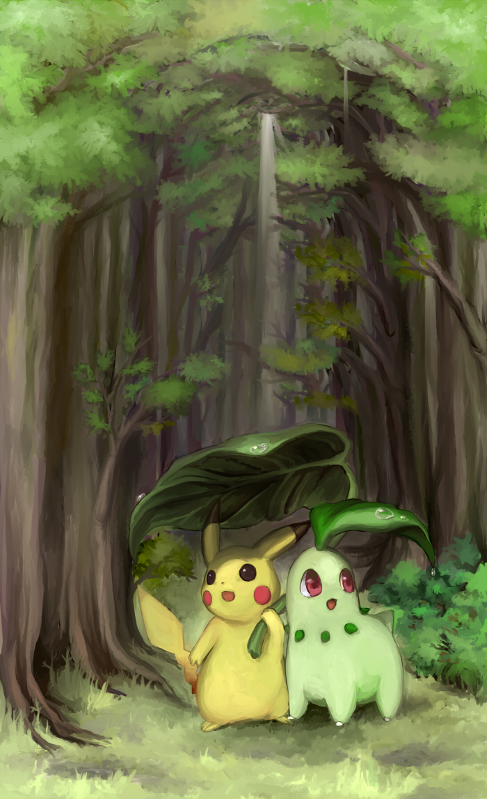 2010 ambiguous_gender brown_eyes chikorita digital_media_(artwork) digital_painting_(artwork) dipstick_ears duo forest ginno_syari green_body holding_object leaf nintendo open_mouth outside pikachu pok&eacute;mon pok&eacute;mon_(species) red_cheeks red_eyes small_tail standing tree video_games yellow_body
