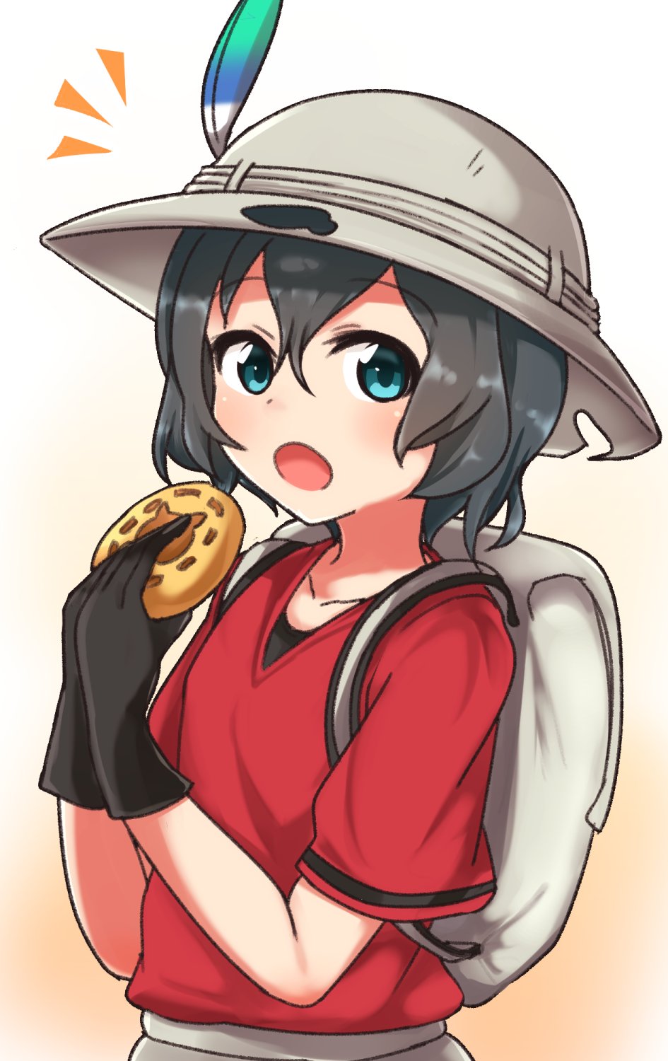 backpack bag black_gloves black_hair blue_eyes chawan_(yultutari) commentary cookie eyebrows_visible_through_hair food gloves hair_between_eyes hat_feather helmet highres holding holding_food japari_bun kaban_(kemono_friends) kemono_friends looking_at_viewer notice_lines open_mouth pith_helmet red_shirt shirt short_hair short_sleeves solo standing upper_body wavy_hair white_background