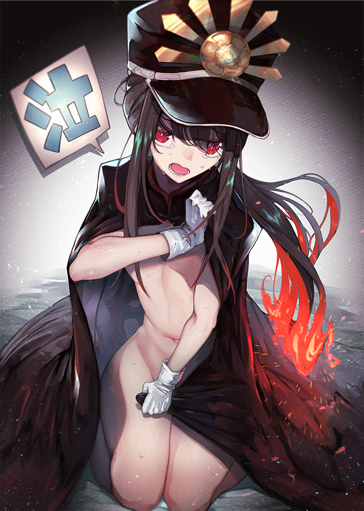 black_cape black_hair cape commentary_request covering covering_crotch fate/grand_order fate_(series) fiery_hair gloves gradient gradient_background hat kamaboko_(ossann0125) kneeling long_hair male_focus military_hat naked_cape navel oda_nobukatsu_(fate/grand_order) open_mouth peaked_cap red_eyes sidelocks solo