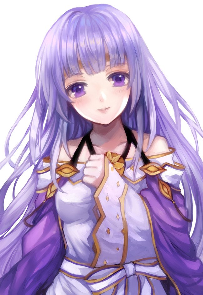 bangs blunt_bangs blush bow cape circlet collarbone commentary_request dress eyebrows_visible_through_hair fire_emblem fire_emblem:_seisen_no_keifu hand_up head_tilt jurge long_hair long_sleeves looking_at_viewer off-shoulder_dress off_shoulder parted_lips purple_cape purple_eyes purple_hair simple_background sleeves_past_wrists smile solo upper_body white_background white_bow white_dress wide_sleeves yuria_(fire_emblem)